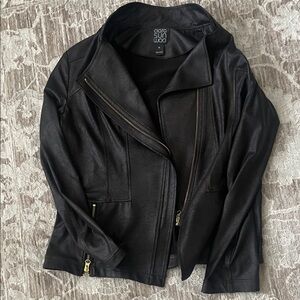 CLARA SUNWOO Black Leather Jacket with Gold Zippers